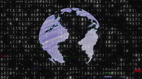 Binary streams activating purple globe rotating leftward reversing to dotted Stock Footage 313617550