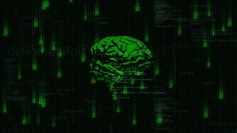 With binary streams appearing 3D brain rotating clockwise and reversing Stock Footage 318194648