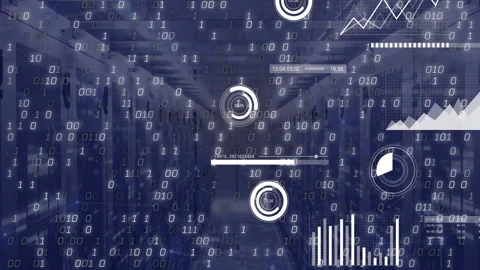 Binary streams appearing in aisle starting HUD elements displaying real-time Stock Footage 312230766