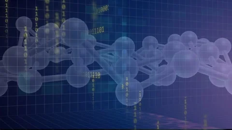 Binary streams appearing beneath molecular chain, chain drifting, rotating, Stock Footage 333485914