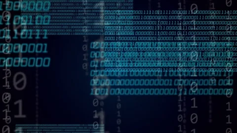 Binary streams appearing, cyan code panels sliding, nodes pulsing, showing Stock Footage 335739698