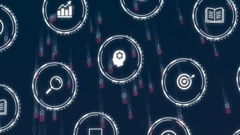 Binary streams appearing, UI icons moving inward, scaling and pulsing to show Stock Footage 329909219