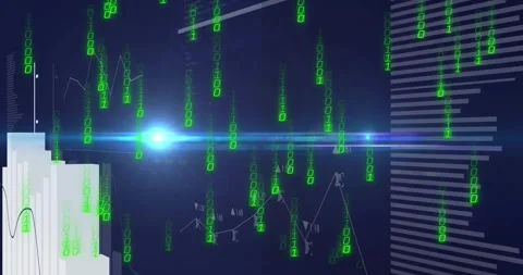 Binary streams falling, data chart animating, bars rising, trend tracing, flare Stock Footage 328577065