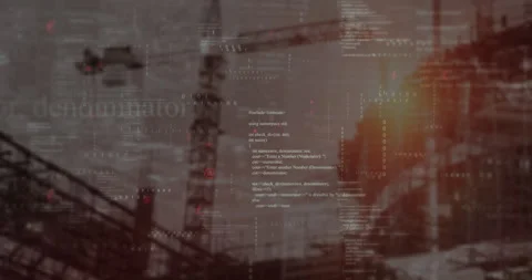 Binary streams flickering over crane while lens flare emerging and code 動画素材 310459434