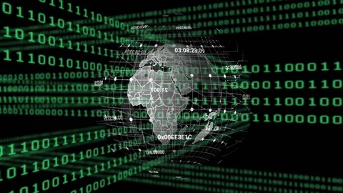 Binary streams forming data tunnel initiating globe rotating with nodes updating Stock Footage 310644184
