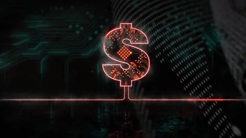 Binary streams sliding, forming wave behind pulsing neon-red dollar sign Stock Footage 317275296