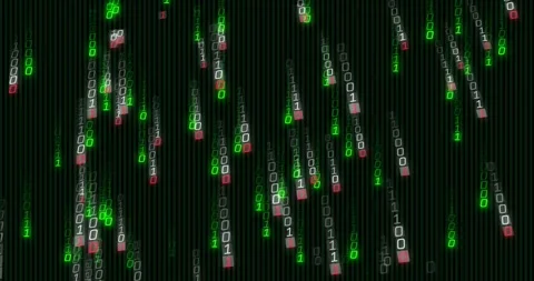 Binary streams spawning from top falling, thickening, flaring, angling, forming Stock Footage 329505259