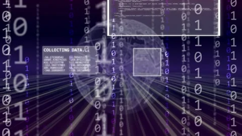 Binary streams starting 3D globe forming avatar network as HUD panels collecting Stock Footage 334337837