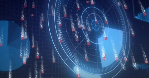 Binary streams starting from left pie activating radar dial rotating and Stock Footage 328396326