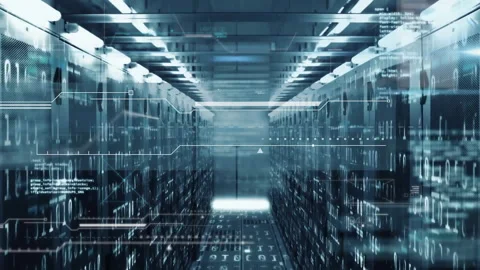 Binary streams starting on server racks, corridor visualizing analytics via Stock Footage 312348777