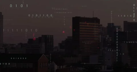Binary streams starting at skyline causing red symbols drifting and code Stock Footage 328255639