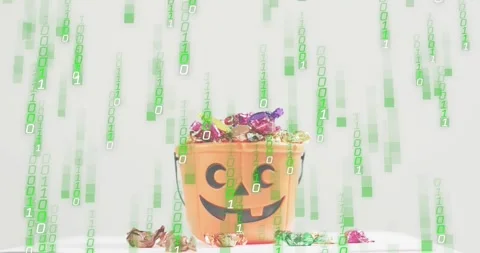 Binary streams starting at top cascading over pumpkin bucket holding candies, Stock Footage 328978464