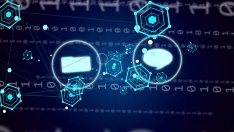 On binary streams, turquoise hex nodes, icon bubbles forming cluster connecting, Stock Footage 334693994