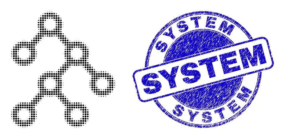 Binary Structure in Halftone Dot Style with Blue Scratched System Stamp Illustrazione stock