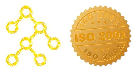 Binary Structure Icon Collage of Golden Particles and Textured ISO 2001 Badge Illustrazione stock