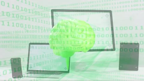 On binary sweep, green brain rotating and drifting right before devices, showing Stock Footage 334881770