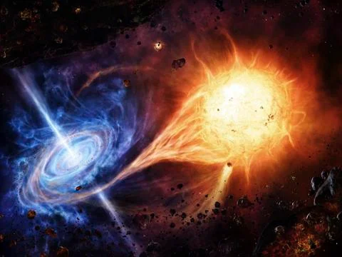 A binary system orbiting near a black hole. Stock Illustration