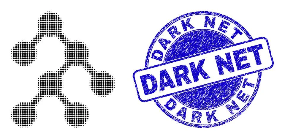 Binary Tree in Halftone Dot Style with Blue Scratched Dark Net Stamp Illustrazione stock