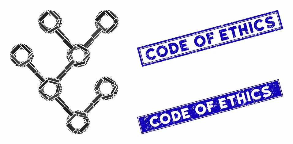 Binary Tree Mosaic and Grunge Rectangle Code of Ethics Stamps 스톡 일러스트