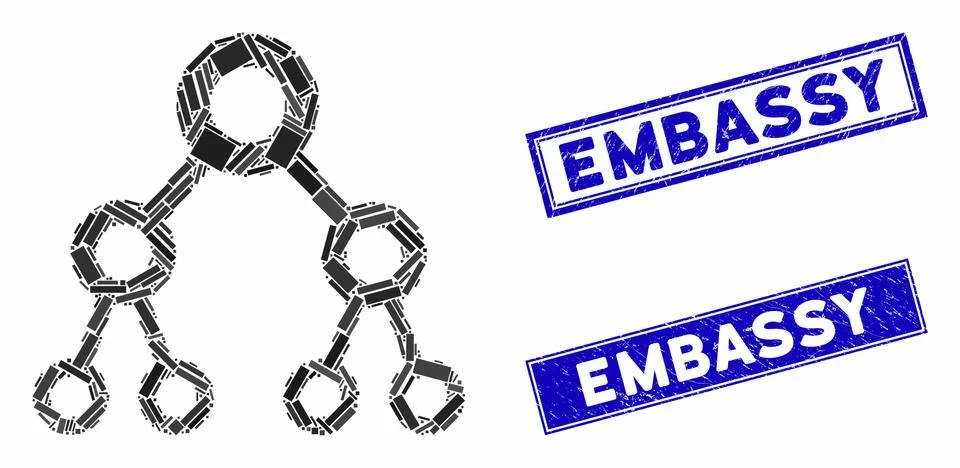 Binary Tree Mosaic and Grunge Rectangle Embassy Stamps Illustrazione stock