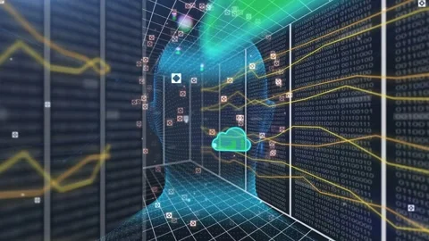 Binary wall sending data, holo head receiving while clouds moving inward, cam Stockbeeldmateriaal 334337713