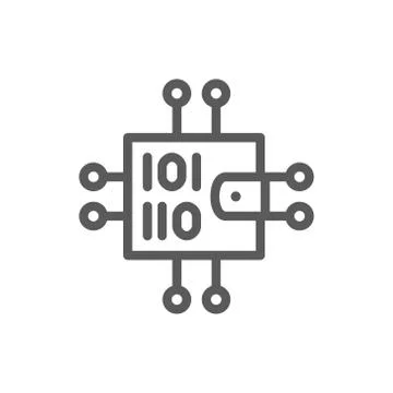 Binary wallet with closed contacts, blockchain, cryptocurrency line icon. Illustrazione stock