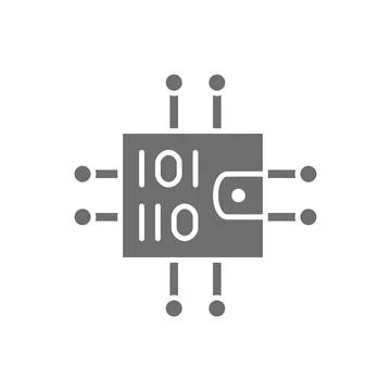 Binary wallet with closed contacts, blockchain, cryptocurrency grey icon. Illustrazione stock