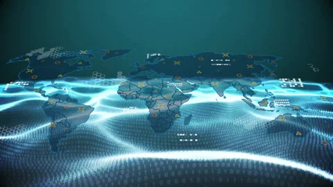 Binary wave field undulating then raising holographic world map showing pulsing Stock Footage 312082048