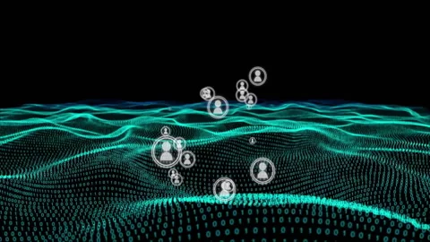 Binary wave flowing on black bg causing user icons fading upward, rings forming, Stock Footage 311664260