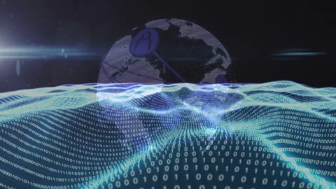 Binary wave flowing while transparent Earth emerging rotating visualizing Stock Footage 313307634