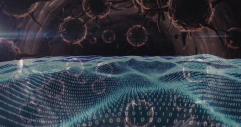 Binary wave rising from tunnel pulsing while spheres drifting representing virus Video stock 313329962