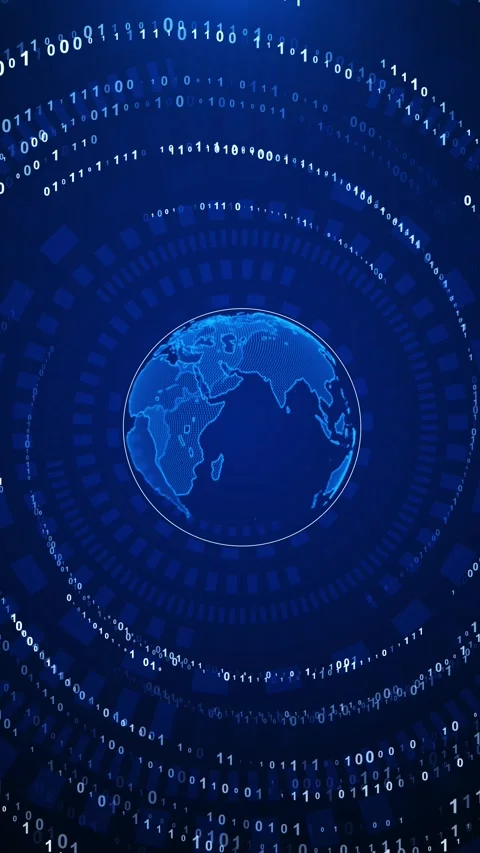 Binary world globe interface blue planet map, rotating code arcs, dark digital t Stock Footage 340457332
