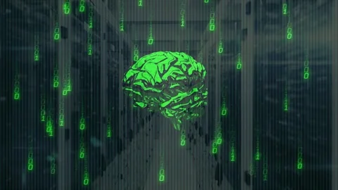 Binarycode rising sparking brainhologram forming datacenter rotating shedding Stock Footage 332577683