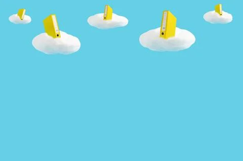 Binders floating amongst white fluffy clouds, online data cloud concept Stock Photos