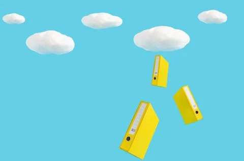 Binders floating amongst white fluffy clouds, online data cloud concept Stock Photos