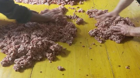 Binding and processing of fresh salami from the butcher Stock Footage 101446785