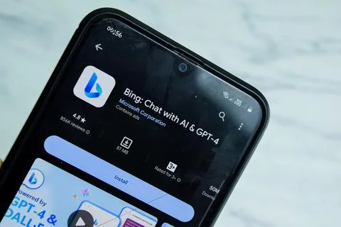 Bing - Chat with AI application on Smartphone screen. Bing is a freeware Stock Photos