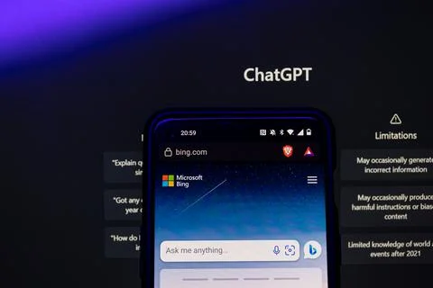 Bing on screen. Microsoft Bing is new AI CHAT bot launched by Microsoft. Bing Stock Photos