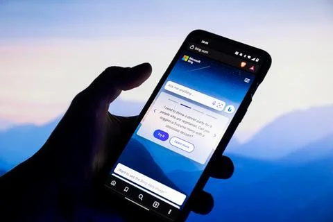 Bing on screen. Microsoft Bing is new AI CHAT bot launched by Microsoft Stock Photos