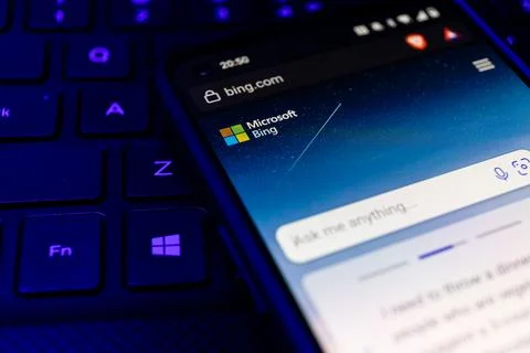 Bing on screen. Microsoft Bing is new AI CHAT bot launched by Microsoft Stock Photos