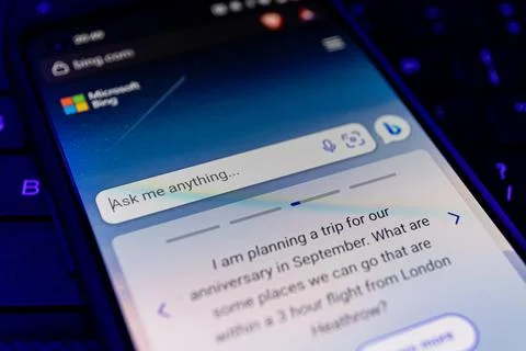 Bing on screen. Microsoft Bing is new AI CHAT bot launched by Microsoft Stock Photos