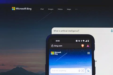 Bing on screen. Microsoft Bing is new AI CHAT bot launched by Microsoft Stock Photos
