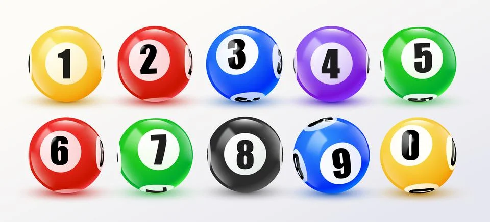 Bingo balls with numbers set. 3D lotto game balls, lotteries gaming event. Illustrazione stock