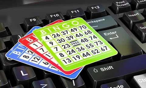 Bingo cards on computer keyboard concept, 3D rendering Illustrazione stock