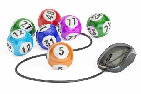 Bingo concept balls with computer mouse 3D rendering Illustrazione stock