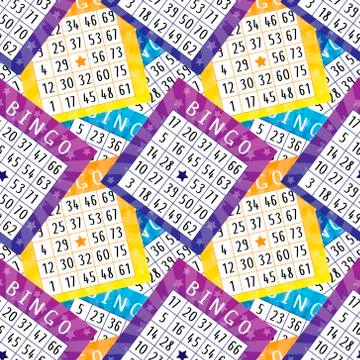 Bingo game repeat pattern with purple, yellow and blue tickets Stock Illustration