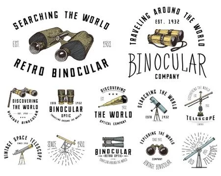 Binocular logo emblem or label astronomical instruments, telescopes oculars and Stock Illustration
