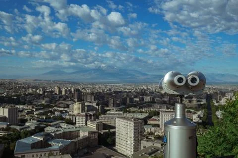 Binocular placed on hill 스톡 사진