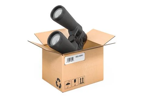 Binocular telescopes inside cardboard box, delivery concept. 3D rendering Stock Illustration