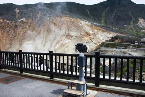 Binocular view camera at viewpoint landscape Owakudani mountain crater crea.. Stock Photos